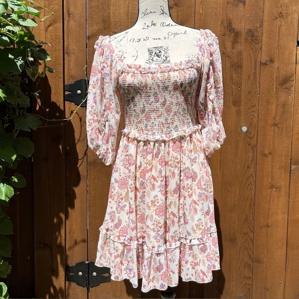 Secret Treasures Pink and White Puff Sleeve Midi Dress